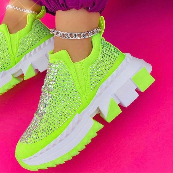 Presto Light Weight Slip on Neon Yellow Rhinestone Sneakers - Running Shoes J - Picture 14 of 14